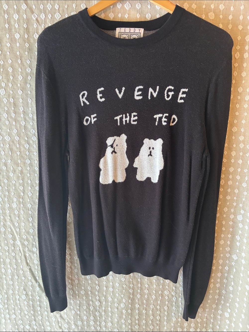 Teddy Fresh Black Sweater with White Knit Bear Label